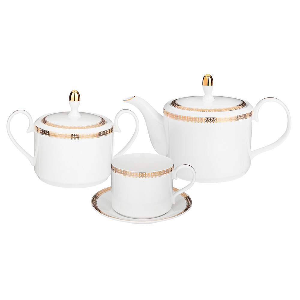 Сервиз чайный 14 предметов фарфоровый белый, золотой Crown