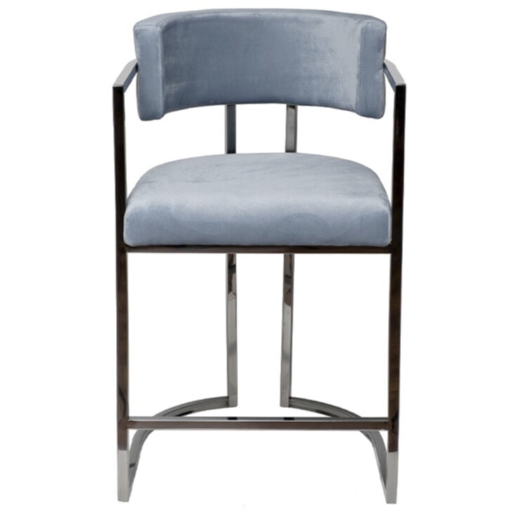 Полубарный стул со спинкой велюровый голубой с хромом