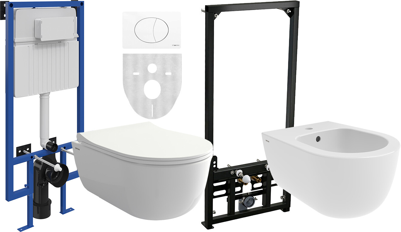 Унитаз подвесной с биде и инсталляциями белые Bocchi V-Tondo Rimless AlcaPlast Stworki 565332