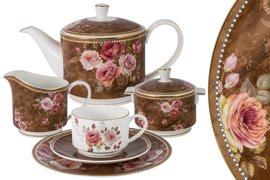 Чайный сервиз фарфоровый розово-коричневый на 6 персон, 21 предмет &quot;Английская роза&quot;