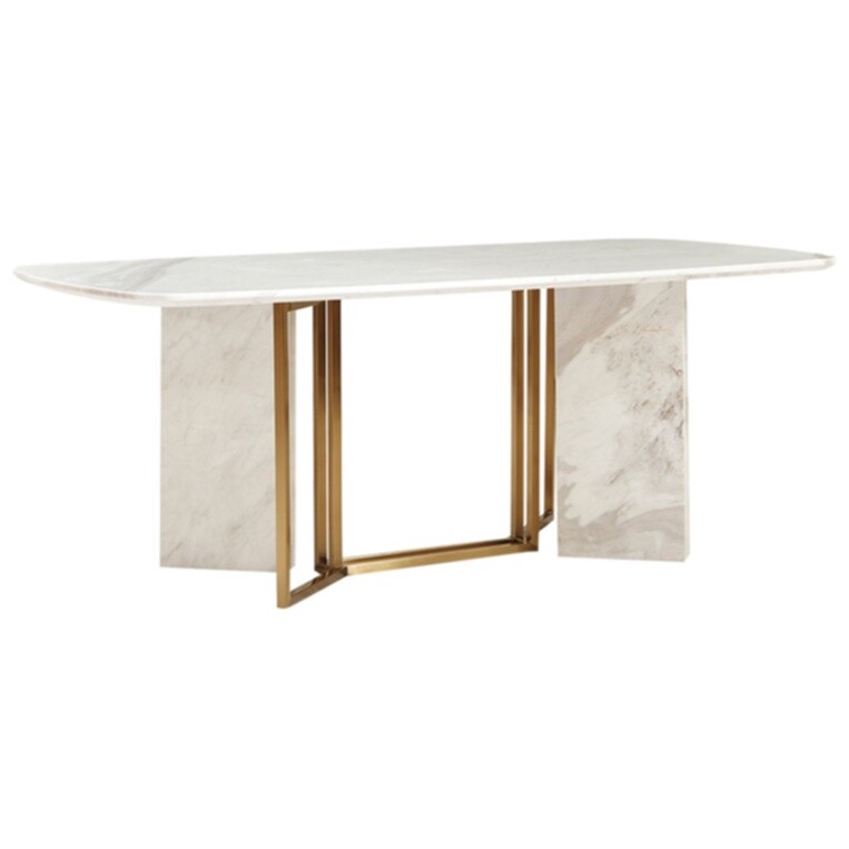 Обеденный стол из керамогранита светло-серый, золото Marble Cross