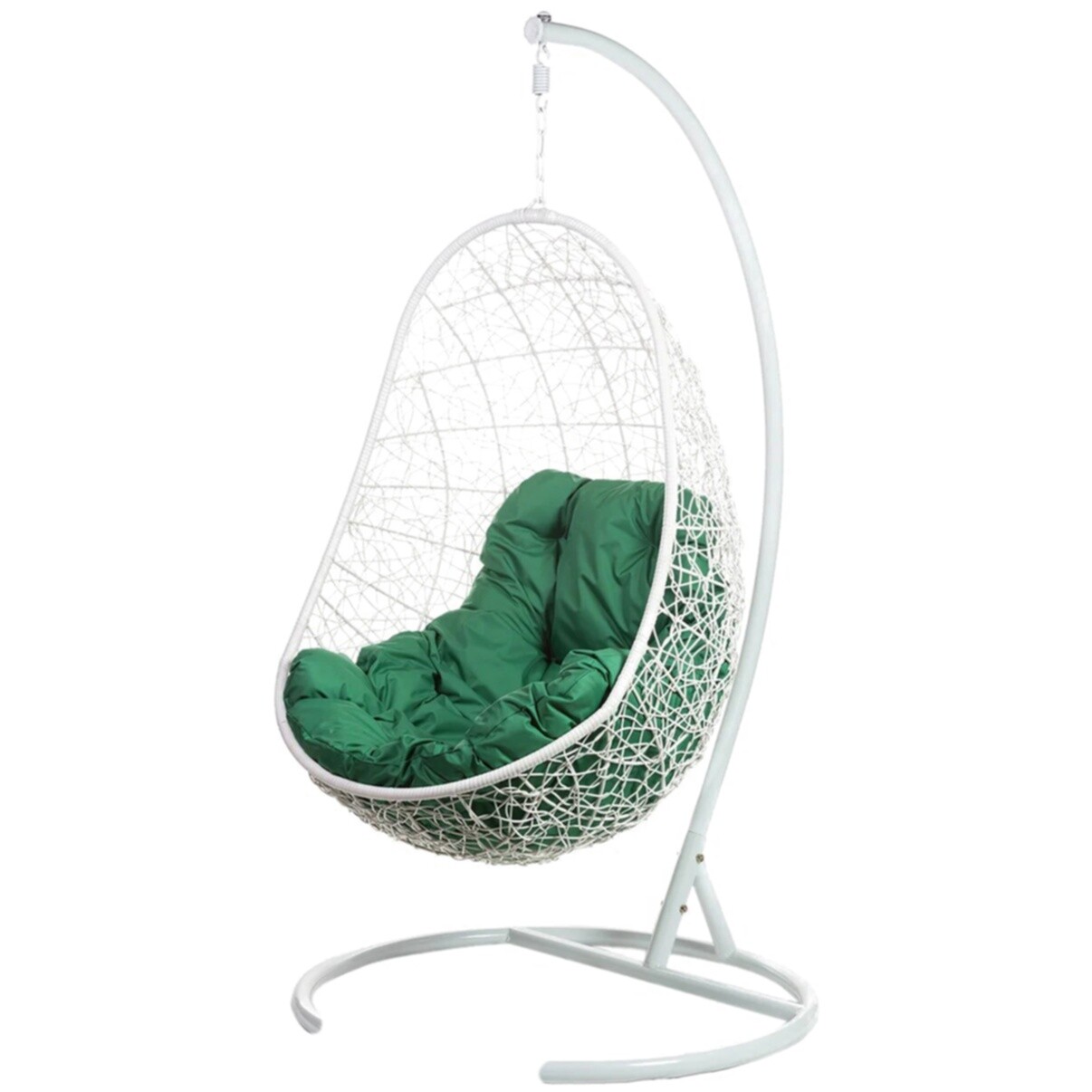Кресло-кокон подвесное плетеное с зеленой подушкой на металлической стойке белое Easy