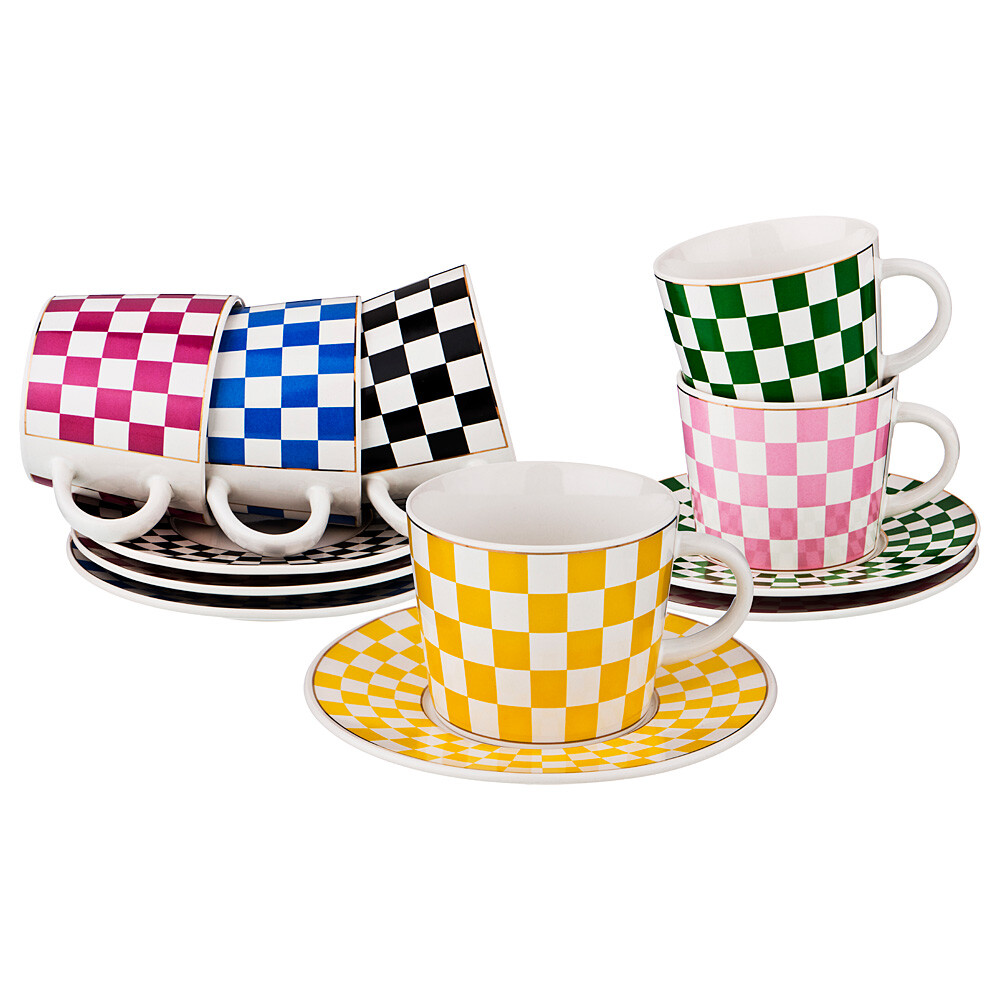 Чашки чайные с блюдцами на 6 персон разноцветные &quot;Домино&quot;
