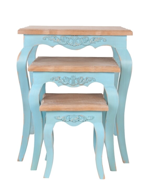Приставной столик голубой состаренный с гнутыми ножками Kira, 3 штуки