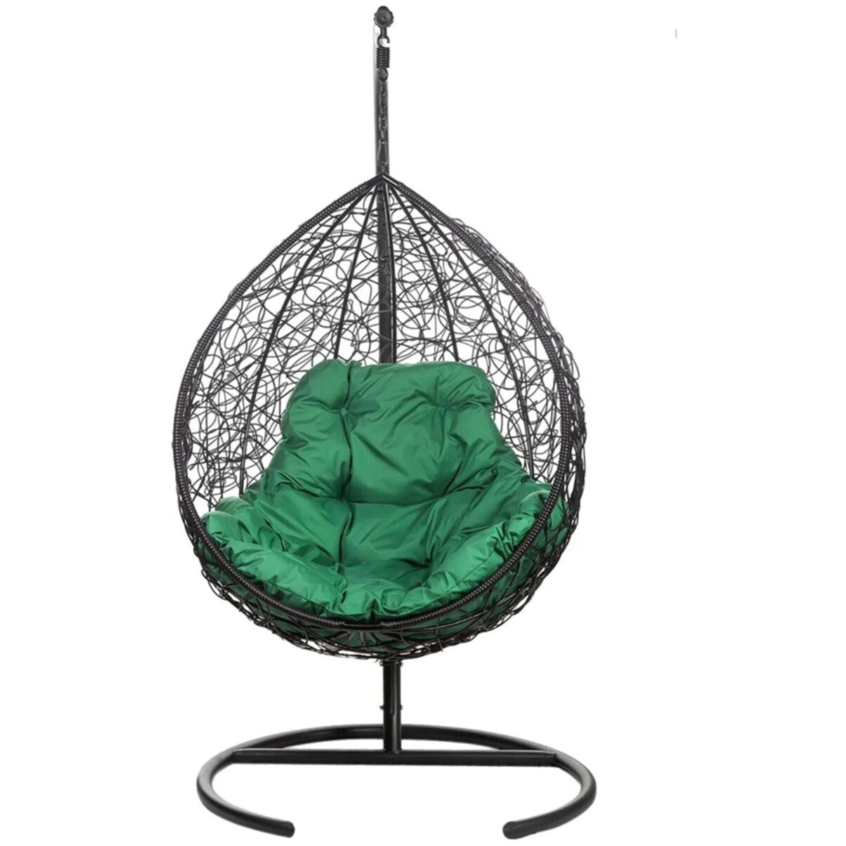 Кресло-кокон подвесное плетеное с зеленой подушкой на металлической стойке черное Tropica