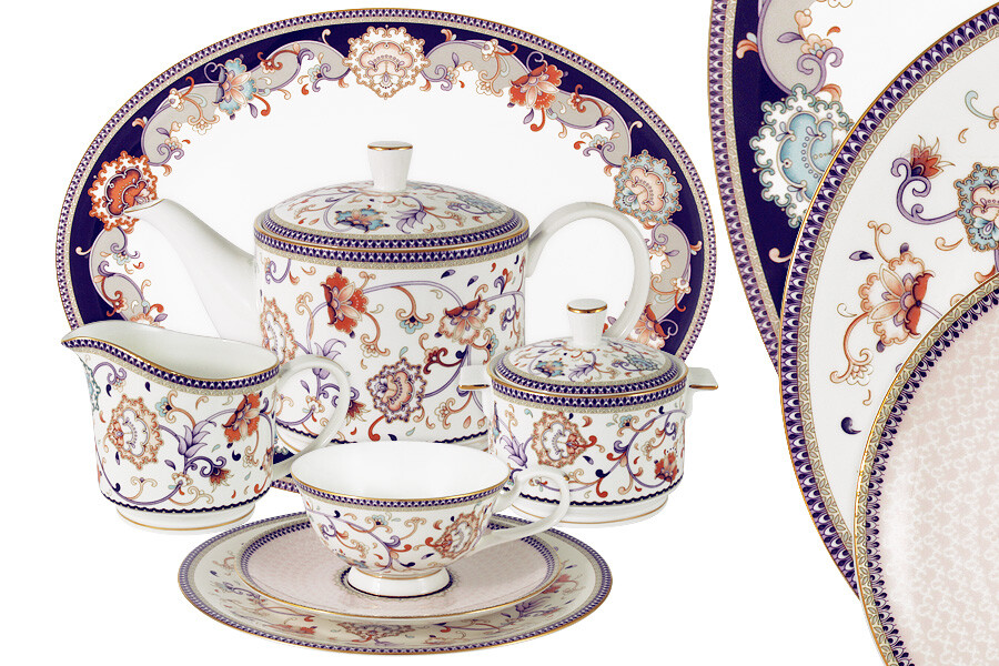Чайный сервиз фарфоровый бело-синий на 12 персон, 40 предметов &quot;Королева Анна&quot;