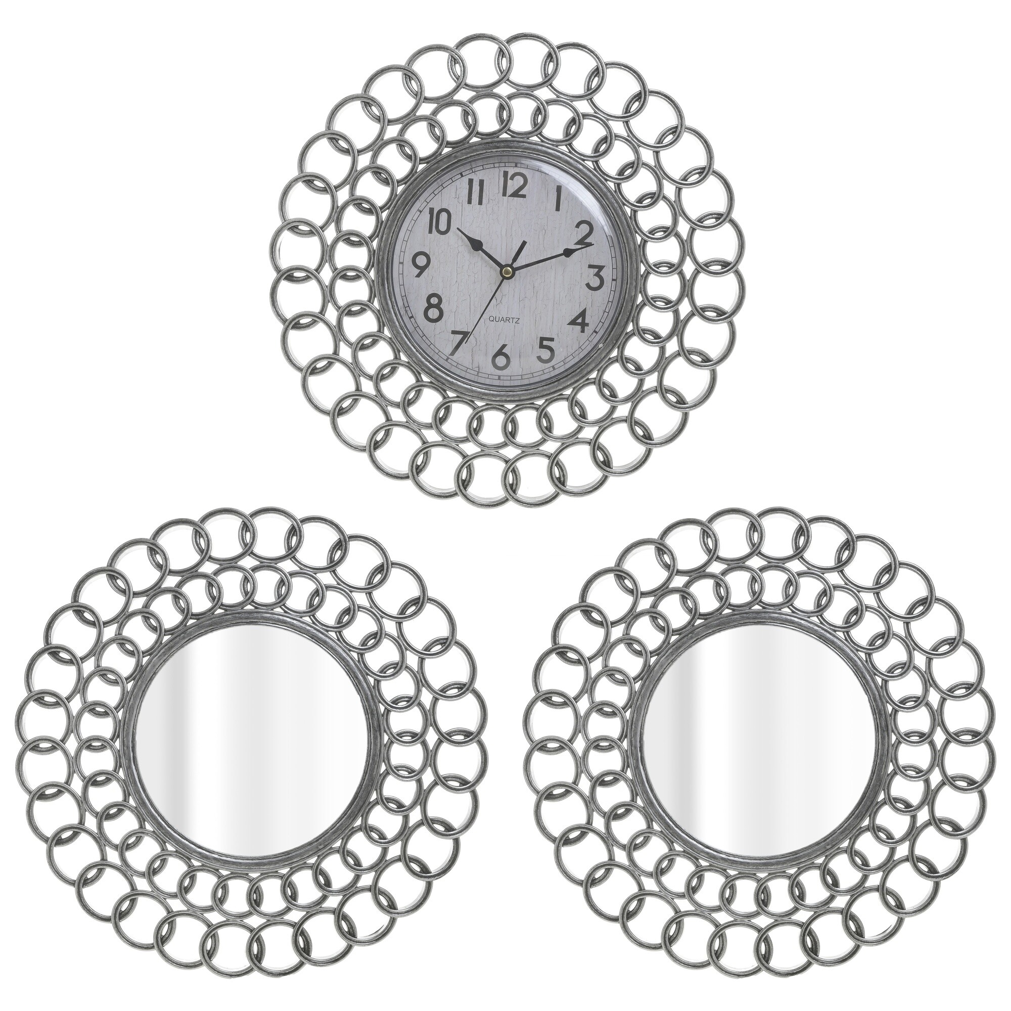 Часы настенные кварцевые и 2 зеркала круглые 30 см серебро 112045