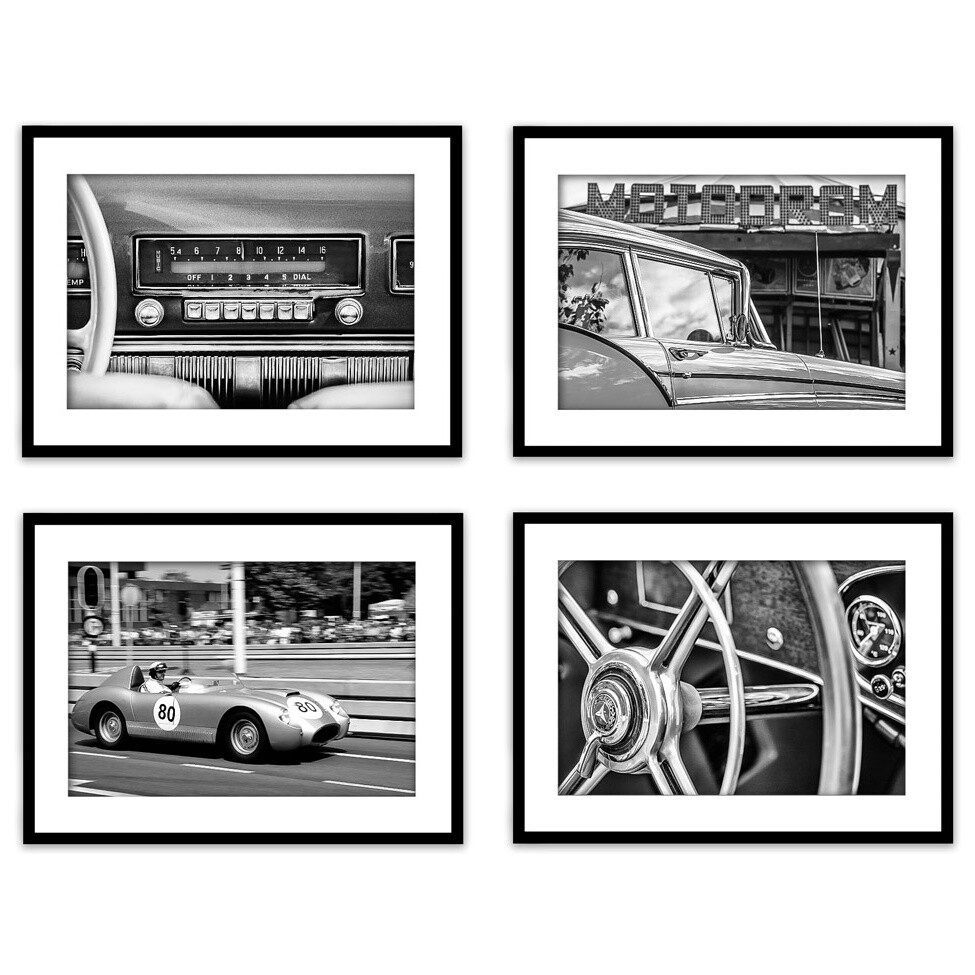 Коллаж из 4 постеров с паспарту черно-белый 30х40 см &quot;Ретро авто №1&quot;