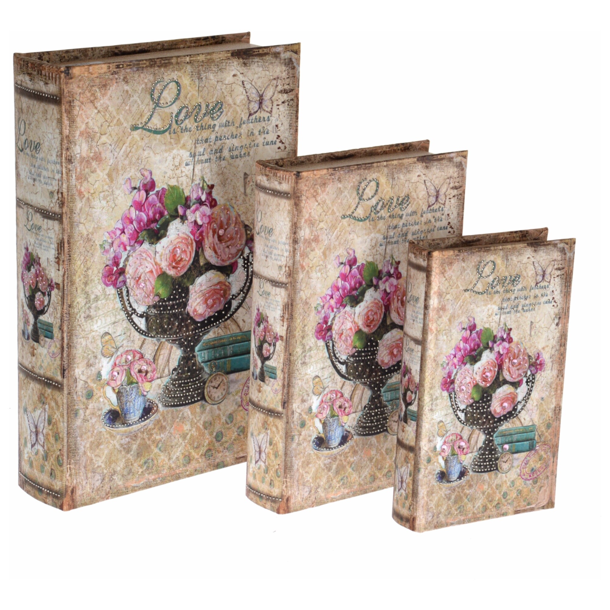 Шкатулки-книги деревянные 3 шт бежевые, розовые 107816