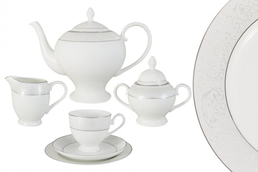 Чайный сервиз фарфоровый бело-серебряный на 6 персон, 21 предмет &quot;Мелисента&quot;