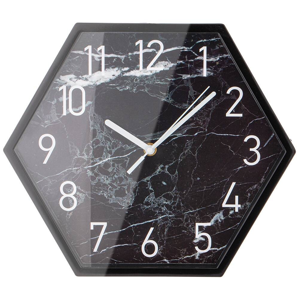 Часы настенные шестиугольные пластиковые 30 см черные Marble
