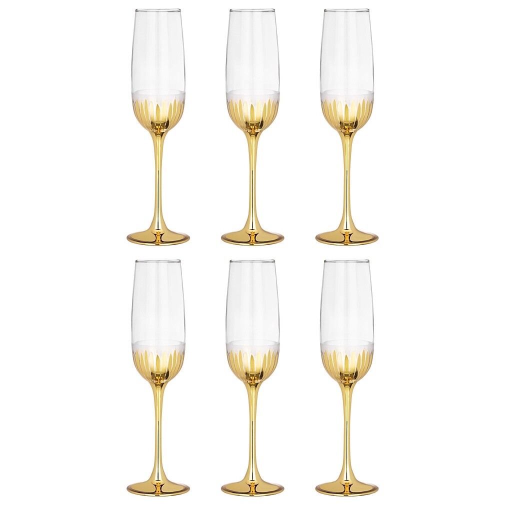 Бокалы для шампанского стеклянные 6 шт прозрачные, золото Bloom