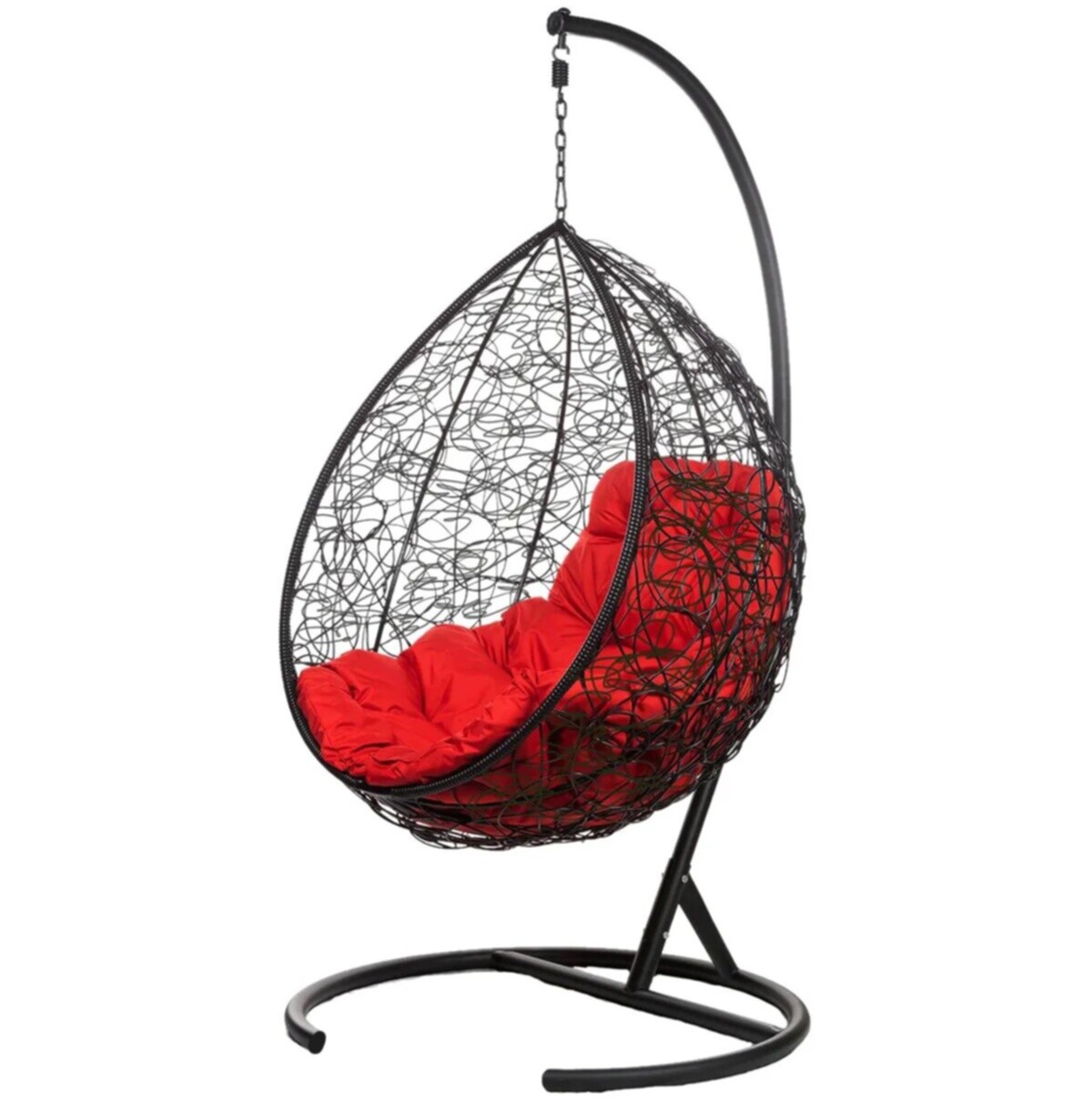 Кресло-кокон подвесное плетеное с красной подушкой на металлической стойке черное Tropica R