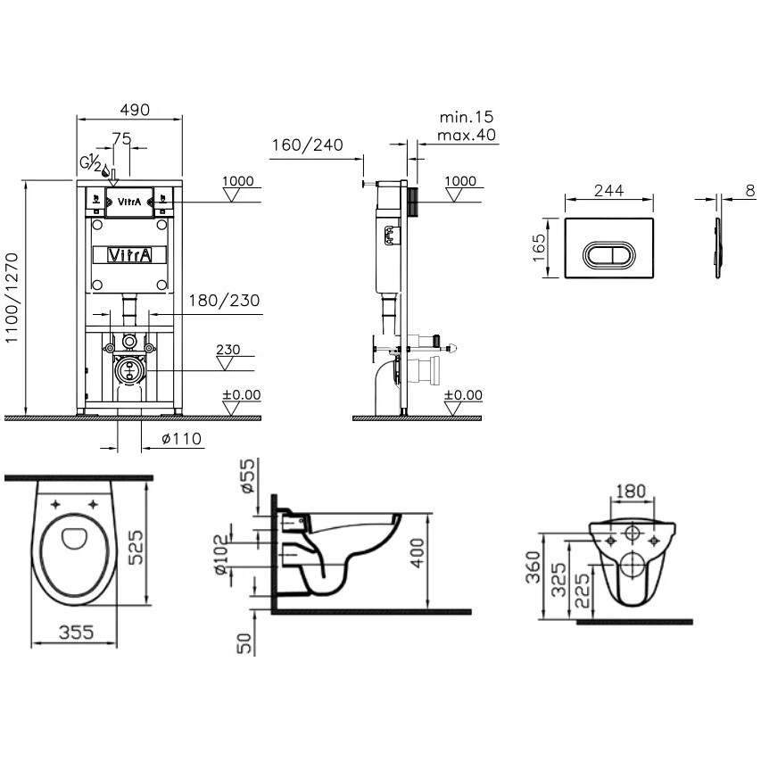 Унитаз подвесной с инсталляцией и кнопкой смыва хром матовый Vitra Normus 9773B003-7203 - изображение 10