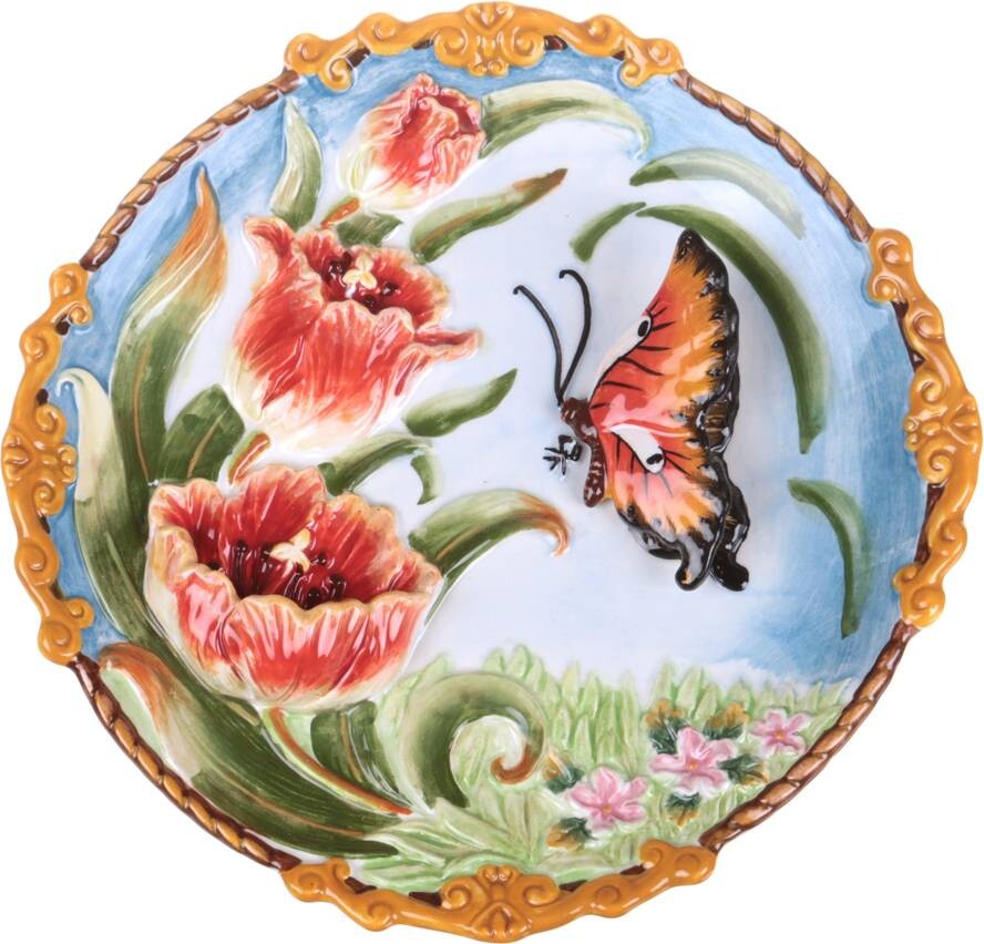 Тарелка декоративная 22 см разноцветная &quot;Бабочка и маки&quot;