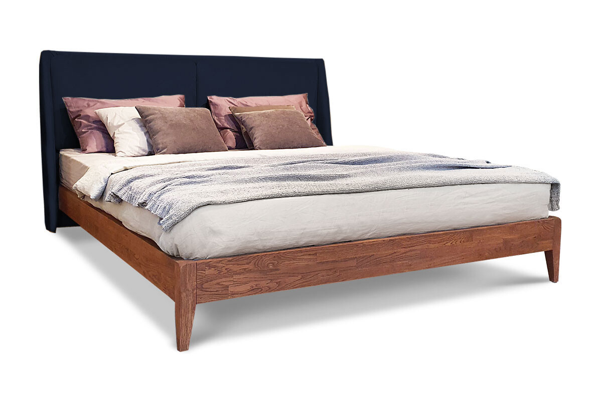 Кровать двуспальная из массива дуба с мягким изголовьем 180х200 см орех, синяя &quot;Сакраменто&quot;