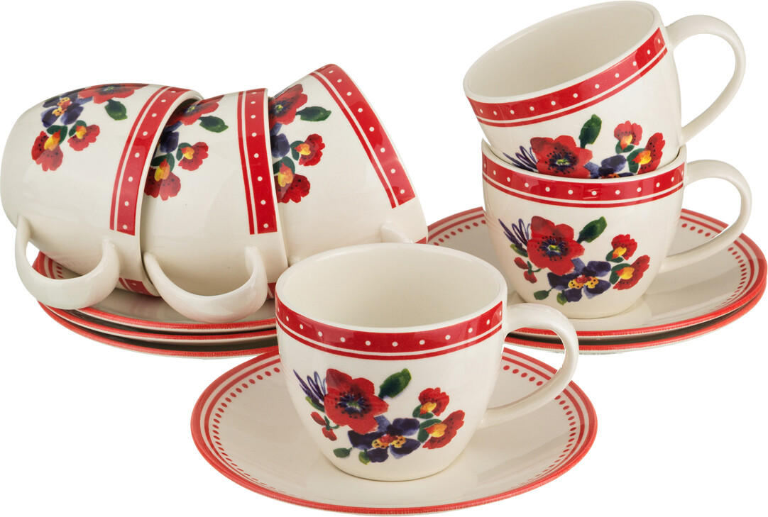 Чашки чайные с блюдцами на 6 персон красно-белые &quot;Амели&quot;