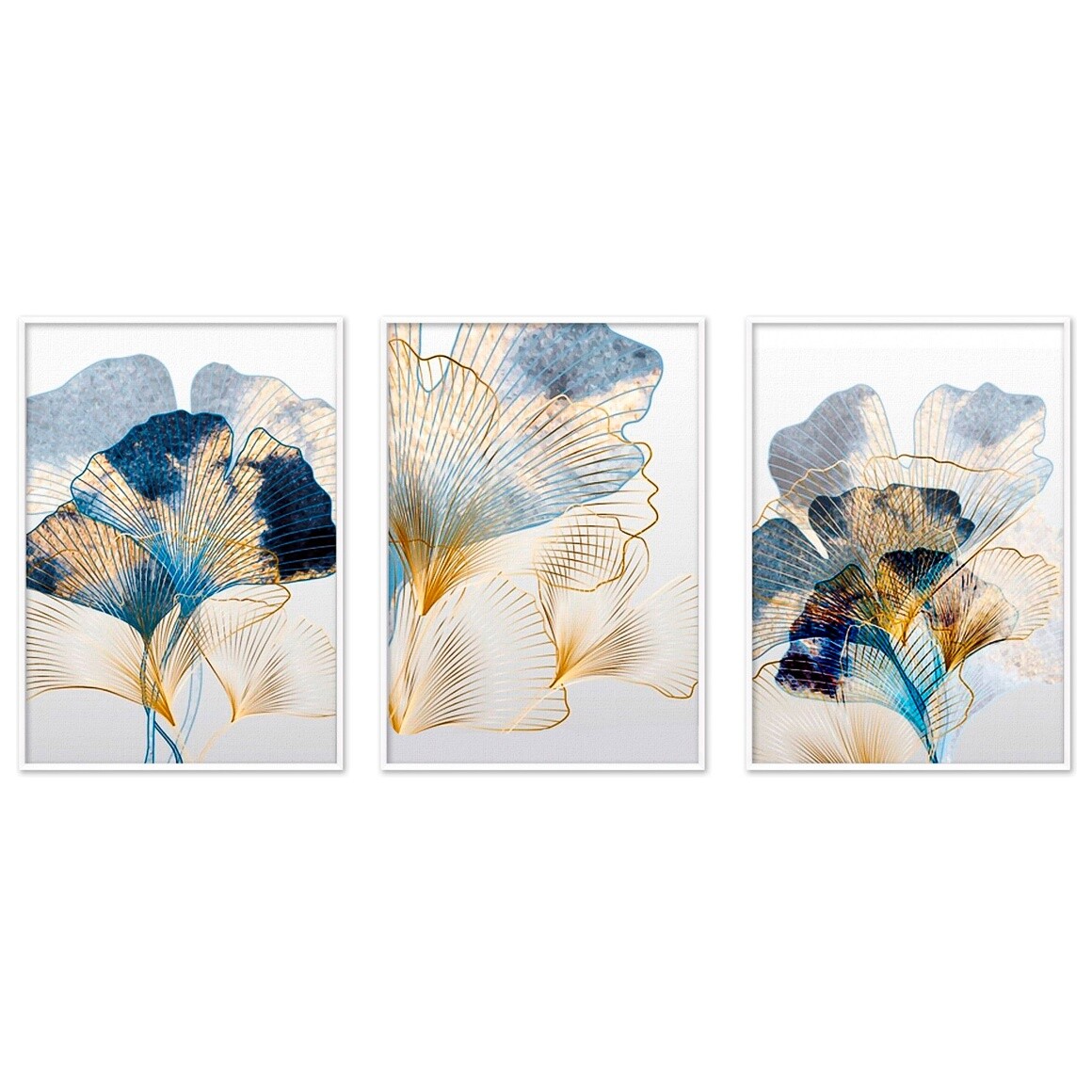 Триптих на холсте в белой раме синий, золото &quot;Цветы&quot; №54 19-0297-50x70