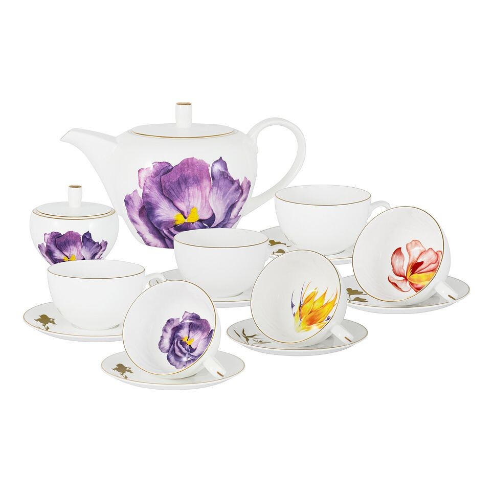Чайный набор фарфоровый белый с фиолетовым в подарочной упаковке 14 предметов Flowers 