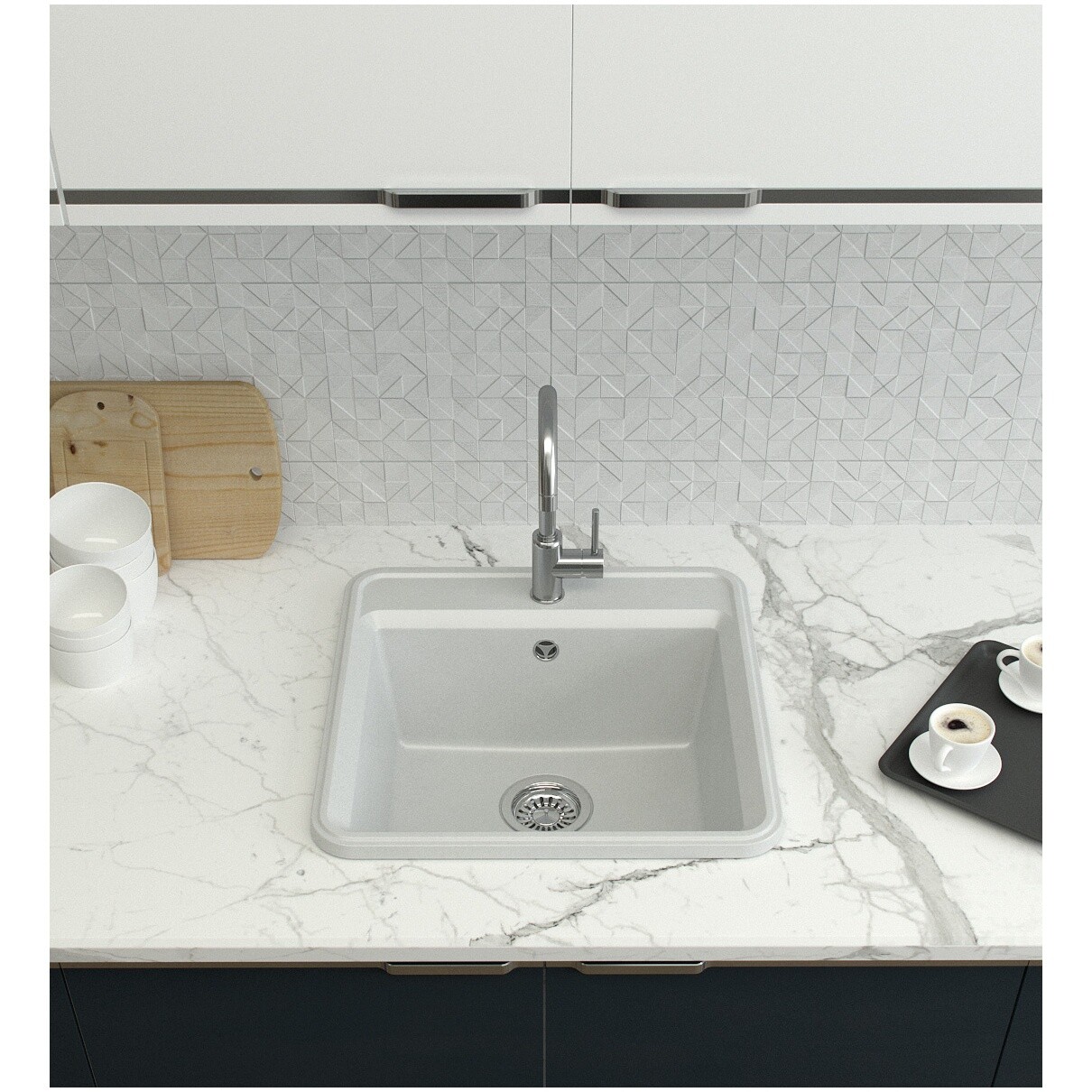 Мойка кухонная из искусственного мрамора квадратная 51 см белая Domaci "Римини" DG К-650 - изображение 9