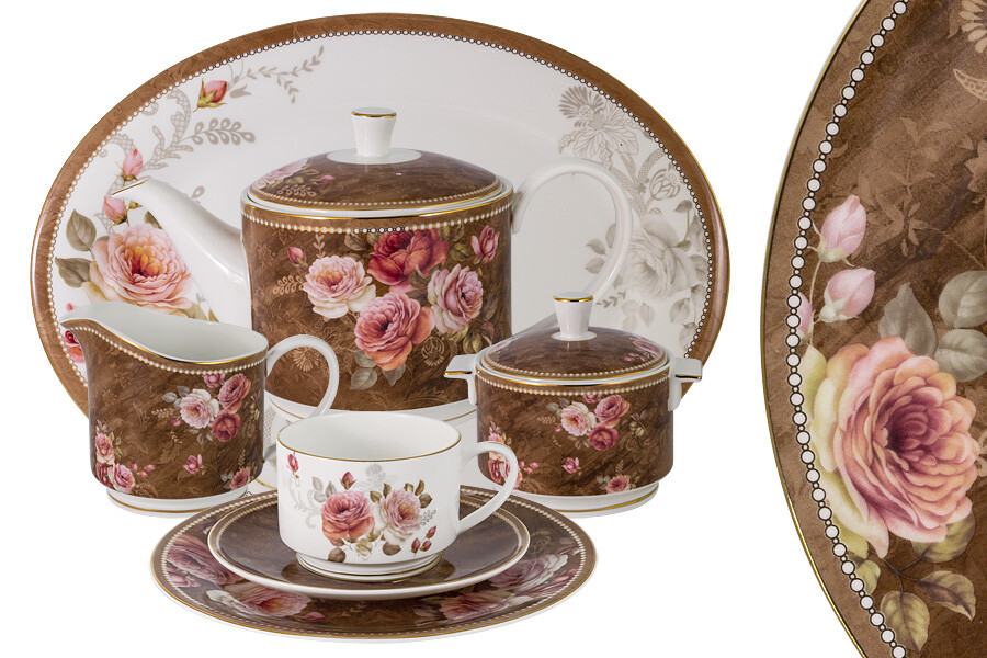 Чайный сервиз фарфоровый коричнево-розовый на 12 персон, 40 предметов &quot;Английская роза&quot;