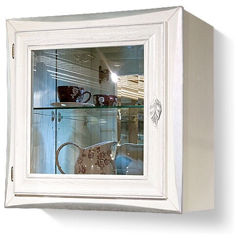 Шкаф навесной со стеклянной дверцей левый белая эмаль с серебряной патиной, серебро &quot;Трио&quot;