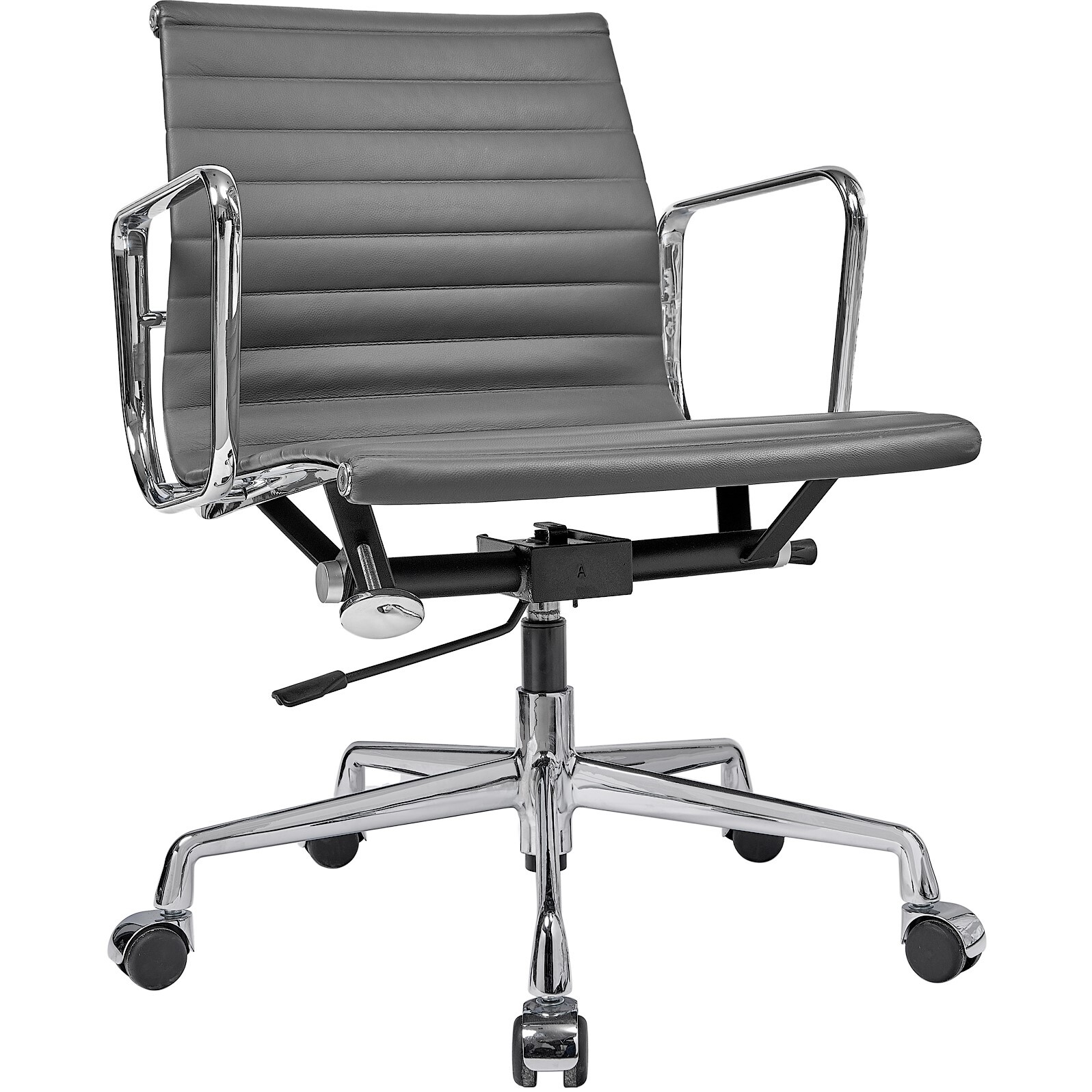 Кресло офисное кожаное графит с алюминиевыми подлокотниками Eames Style Ribbed Office Chair EA 117