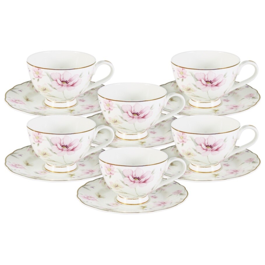 Чайный сервиз фарфоровый бело-розовый на 6 персон, 12 предметов &quot;Розовый танец&quot;
