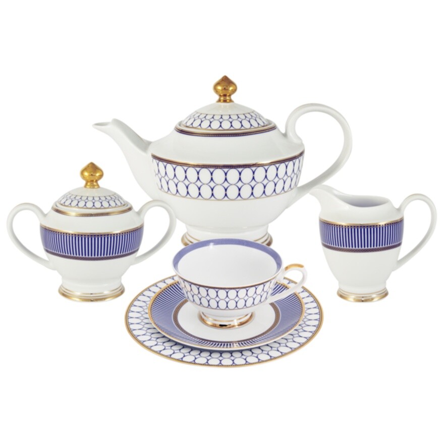Чайный сервиз фарфоровый на 6 персон 23 предмета белый, синий &quot;Адмиралтейский&quot;