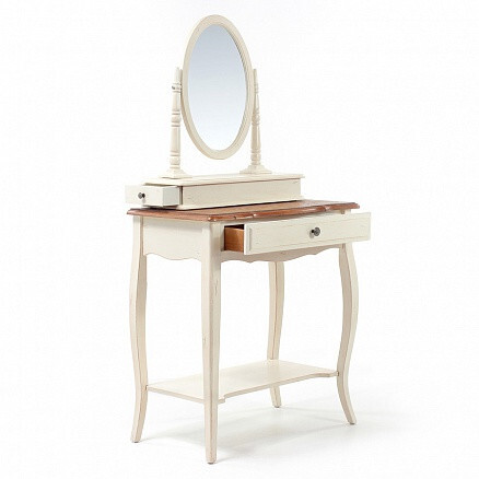 Туалетный столик с овальным зеркалом с эффектом старения французский дуб, молочный Belveder