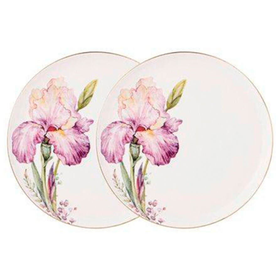 Тарелка фарфоровая для закусок 20 см белая, розовая &quot;Ирисы&quot;, 2 шт