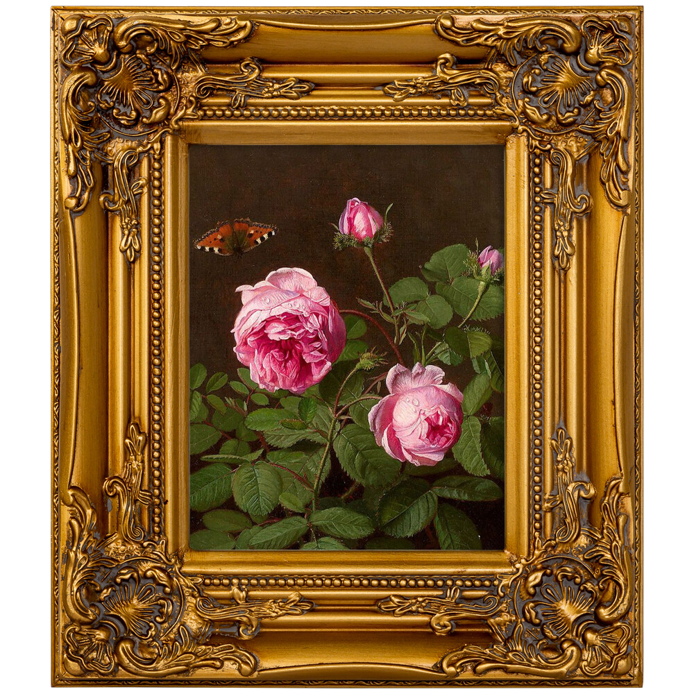 Репродукция картины с золотой раме «Натюрморт с розами»