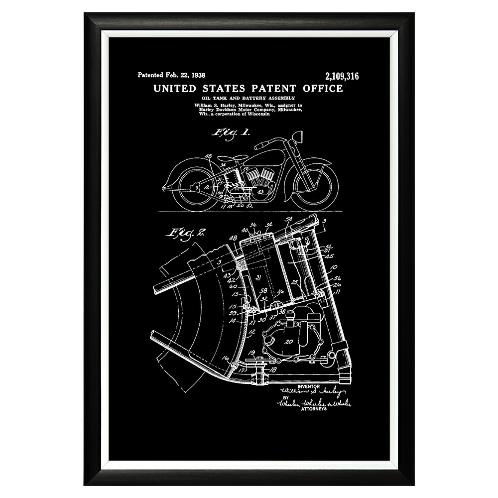 Арт-постер прямоугольный 46х66 см &quot;Патент Harley-Davidson на мотоцикл, 1938&quot;
