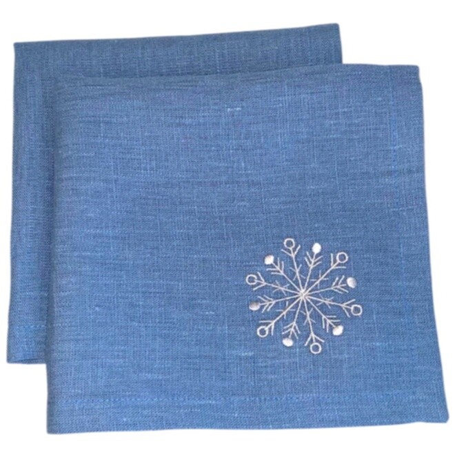 Салфетка льняная серо-голубые с вышивкой 40х40 см &quot;Снежинка&quot;, 4 штуки