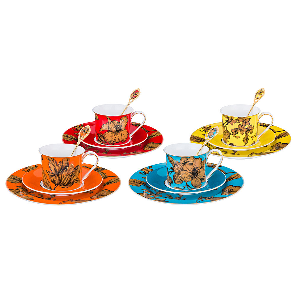 Чашки чайные фарфоровые с блюдцами на 4 персоны разноцветные Lefard