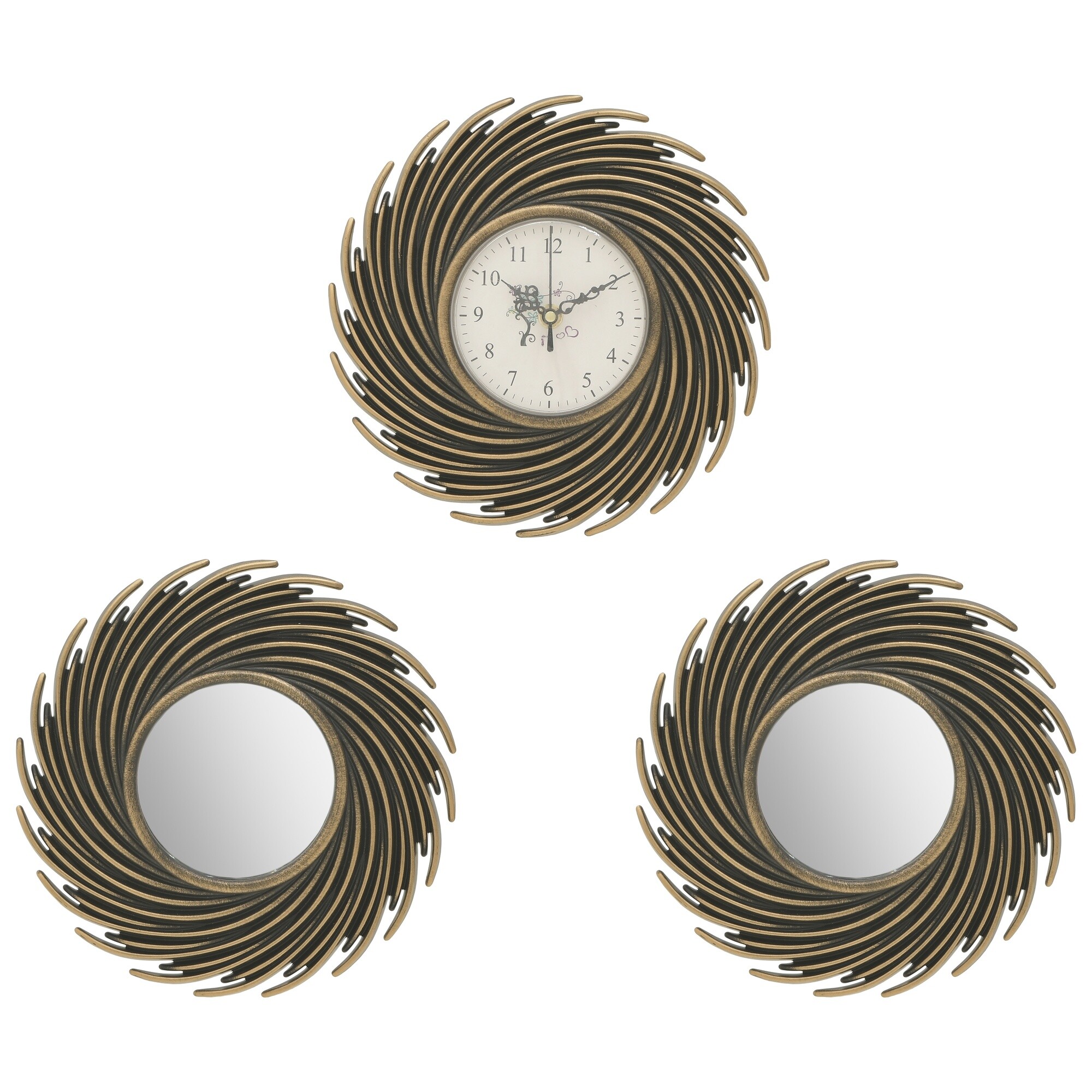 Часы настенные кварцевые и 2 зеркала круглые 25 см черно-золотые 112059