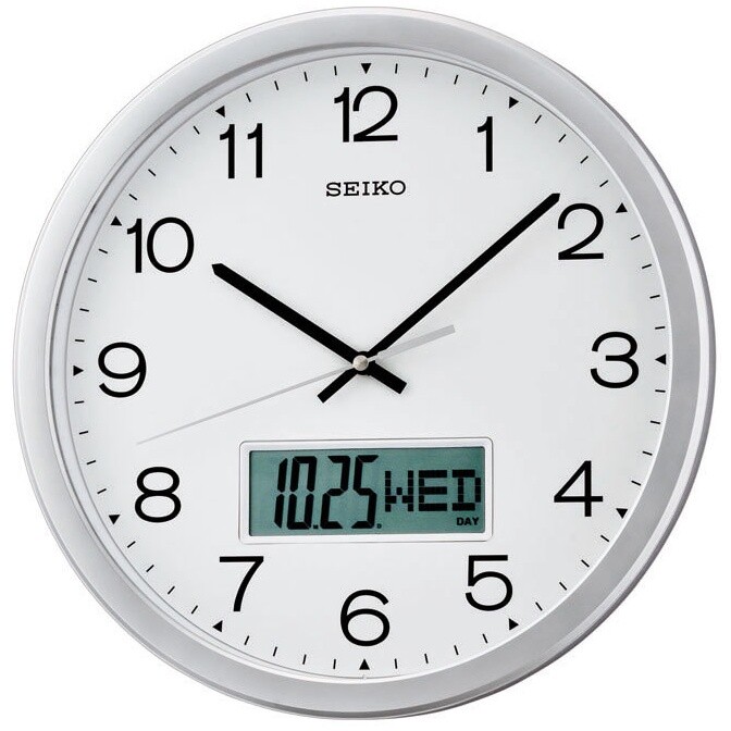 Часы настенные кварцевые пластиковые круглые с календарем 35 см серебро, белые QXL007S