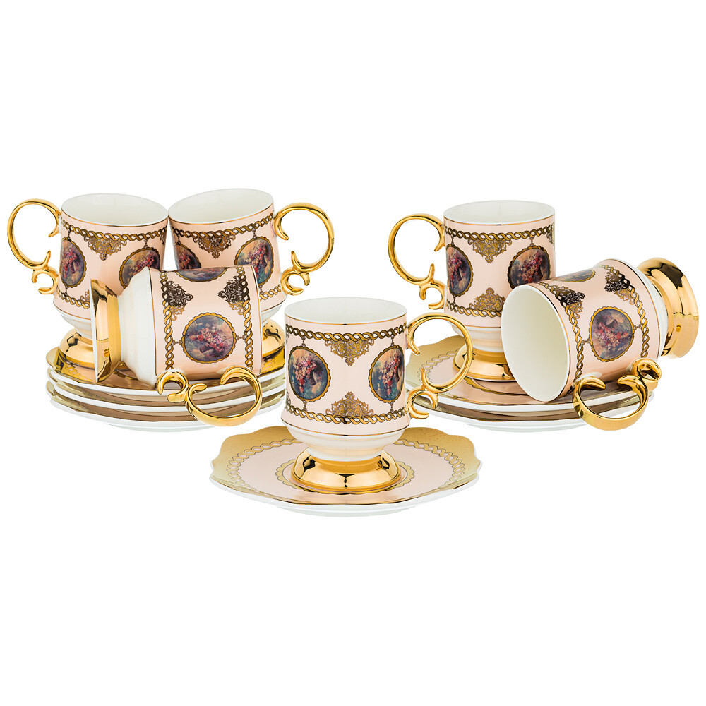 Чашки чайные фарфоровые с блюдцами на 6 персон золото с белым Lefard