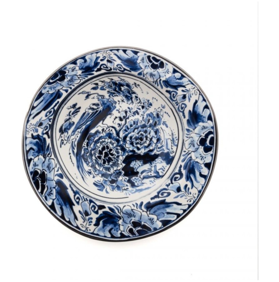 Тарелка суповая фарфоровая круглая синяя, белая Flower Bird