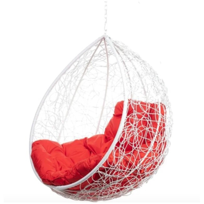 Кресло-кокон подвесное плетеное с красной подушкой белое Tropica BSG