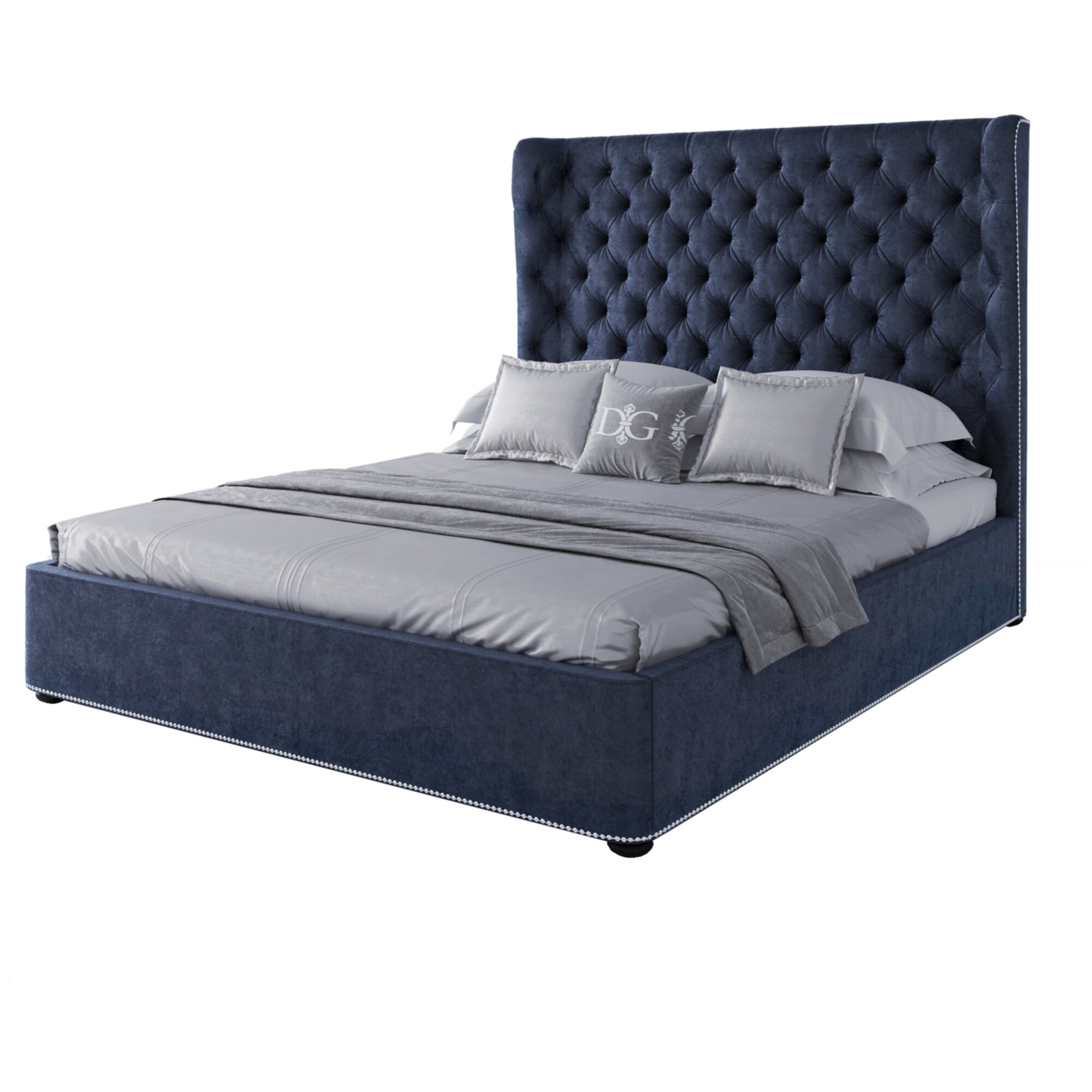 Кровать двуспальная 160х200 синяя с каретной стяжкой Henbord