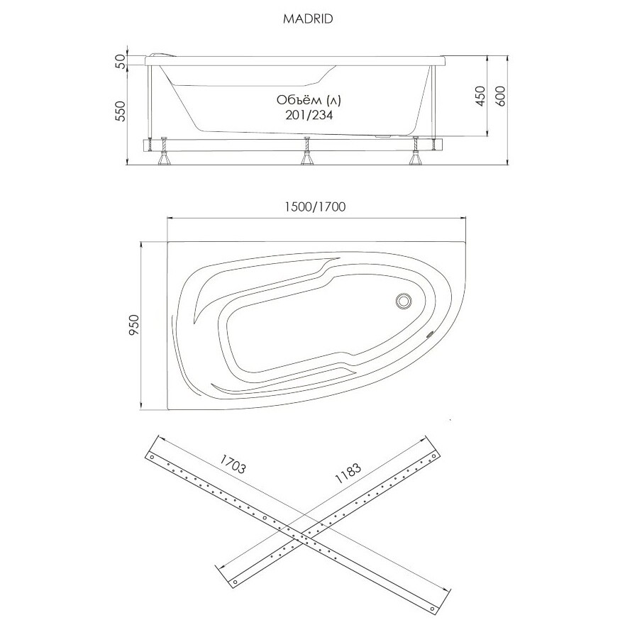 Ванна акриловая 170х95 см обрезанная правая белая 1ACReal "Мадрид" Щ0000045646 - изображение 7