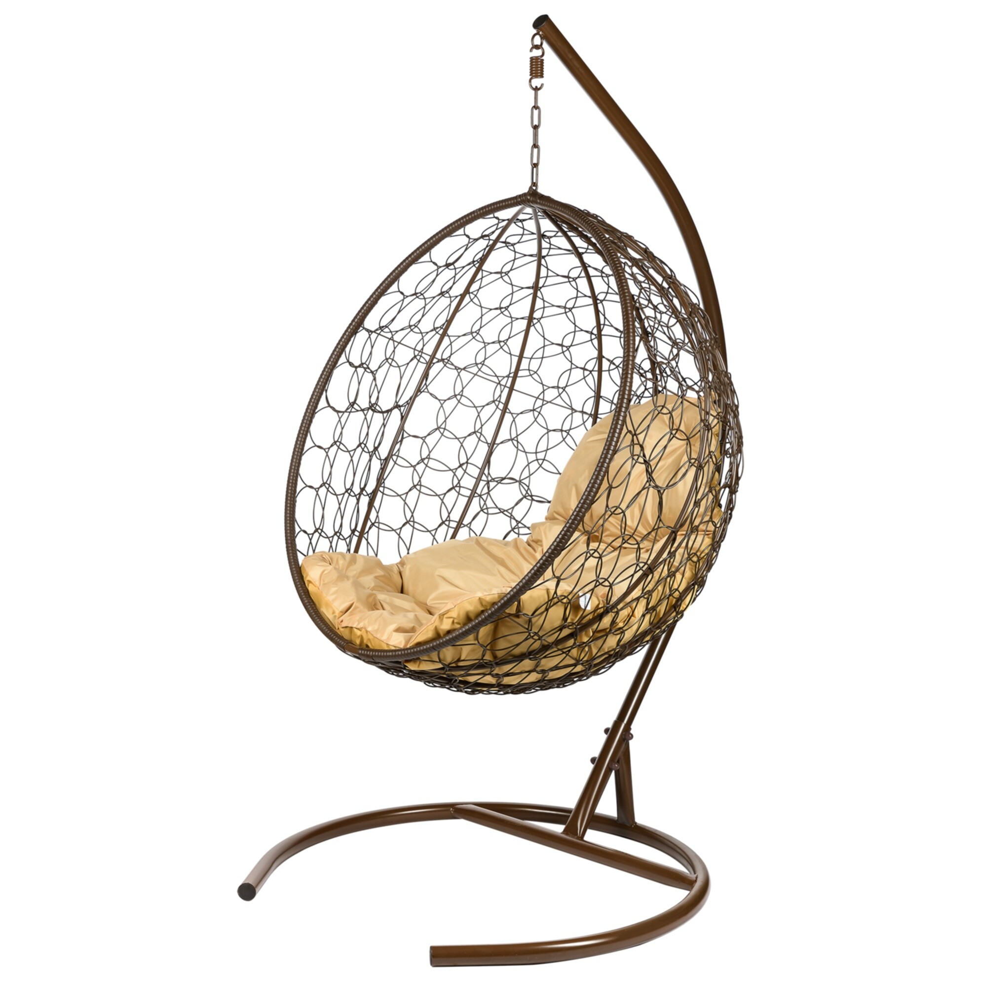 Кресло-кокон подвесное плетеное с бежевой подушкой на металлической стойке коричневое Kokos
