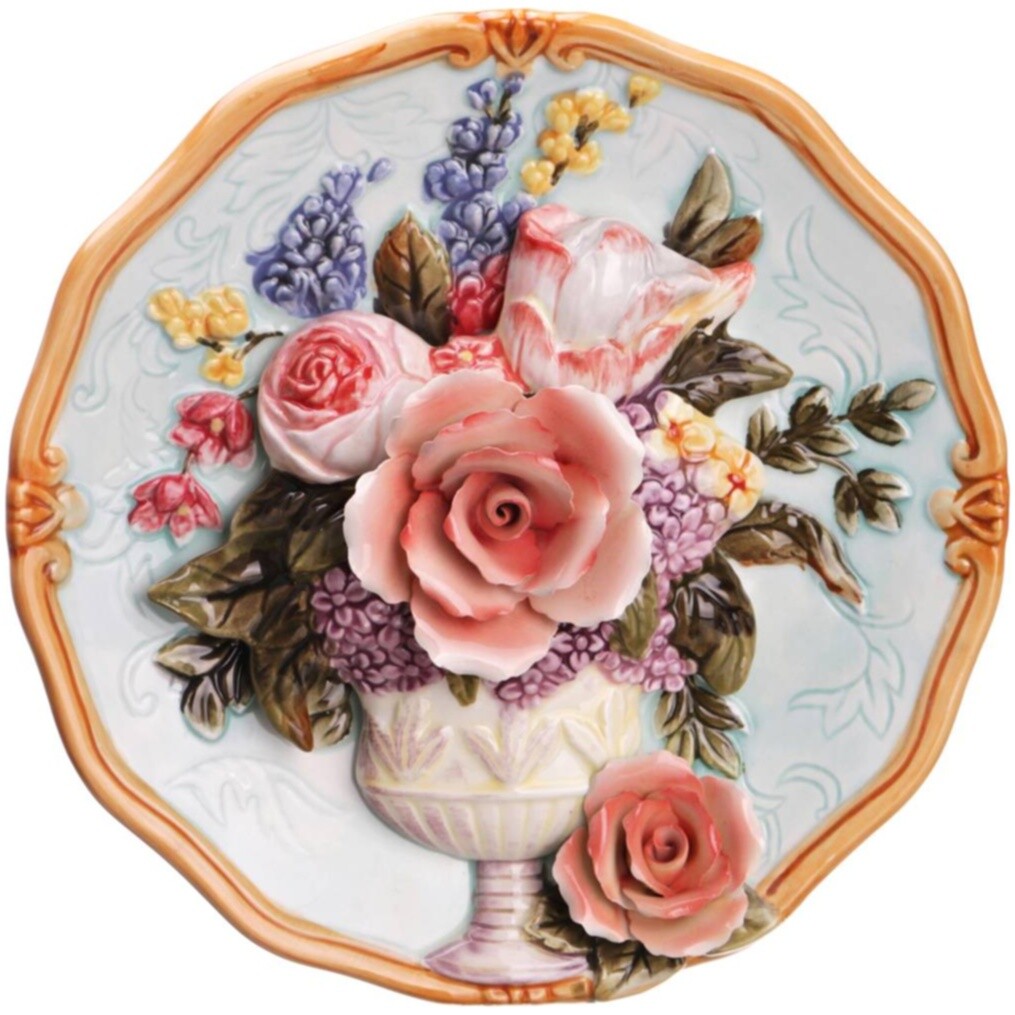 Тарелка декоративная керамическая 20 см голубая, розовая &quot;Букет&quot;