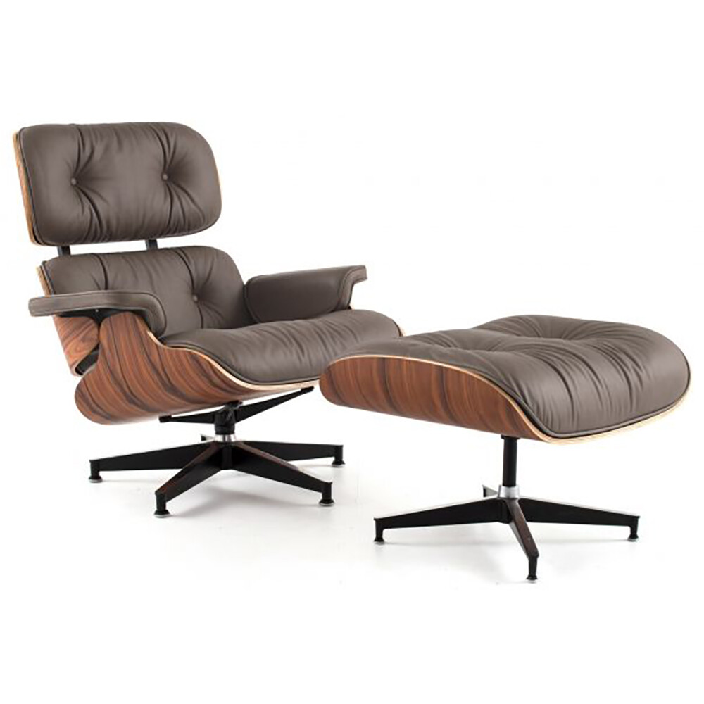Кресло кожаное серо-коричневое с подставкой для ног Eames Style Lounge Chair