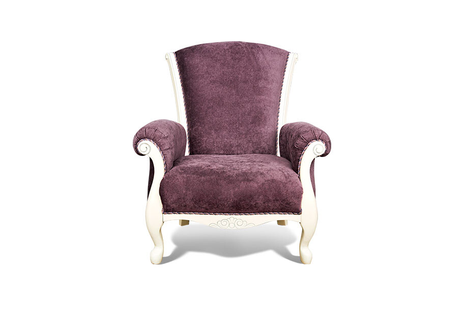 Кресло с мягкими подлокотниками сливовое, ножки белая эмаль с серебряной патиной &quot;Грация&quot;
