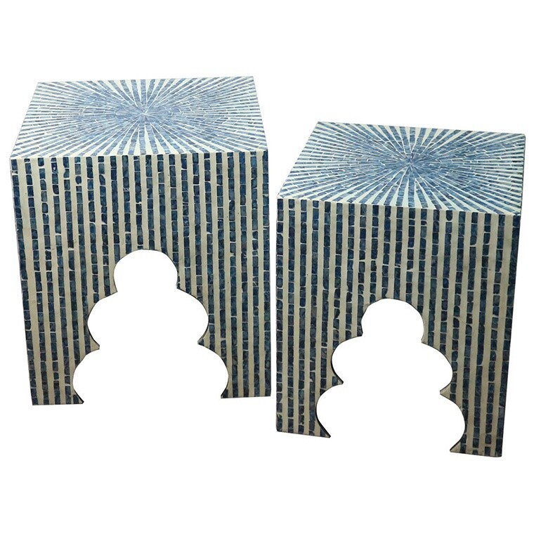 Приставные столики с отделкой раковинами устриц 2 шт синие Glasar 44826-BLUE
