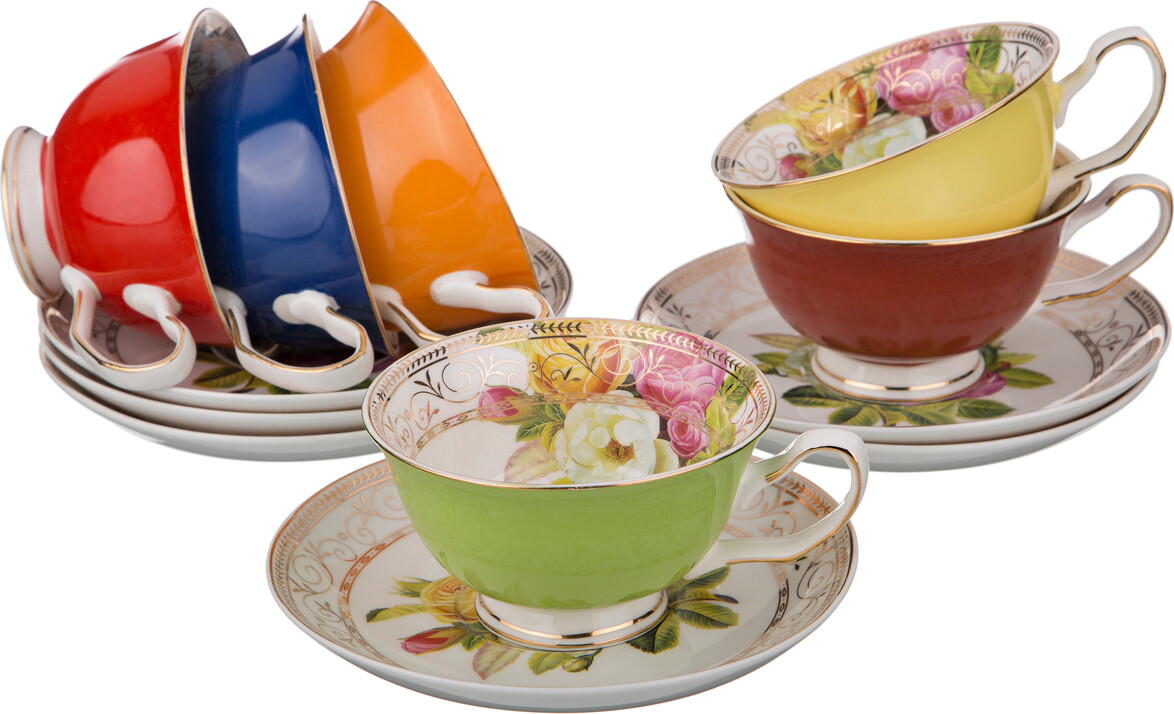 Чашки чайные фарфоровые с белыми блюдцами в подарочной упаковке на 6 персон разноцветные Lefard