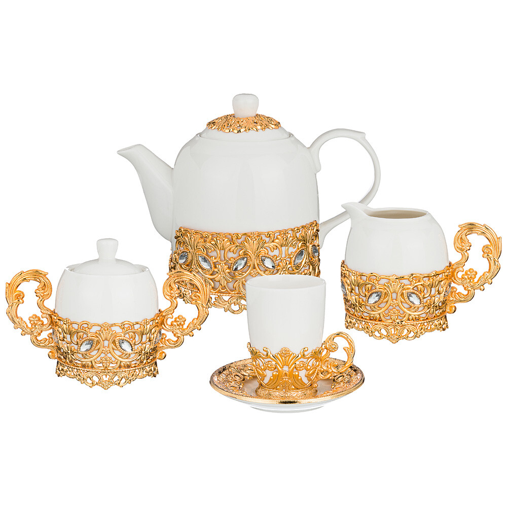 Чайный сервиз на 6 персон белый с металлическими золотыми подставками