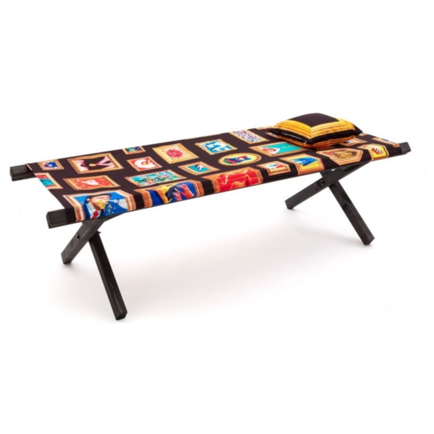 Шезлонг складной деревянный с текстилем и подушкой черный, разноцветный Poolbed Frames